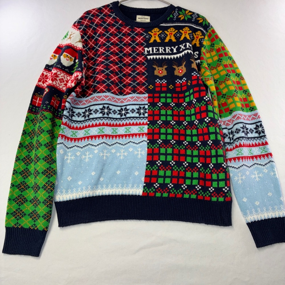 435 Festive Montego Patchwork Christmas Sweater Large Navy Multi Holiday Knit
